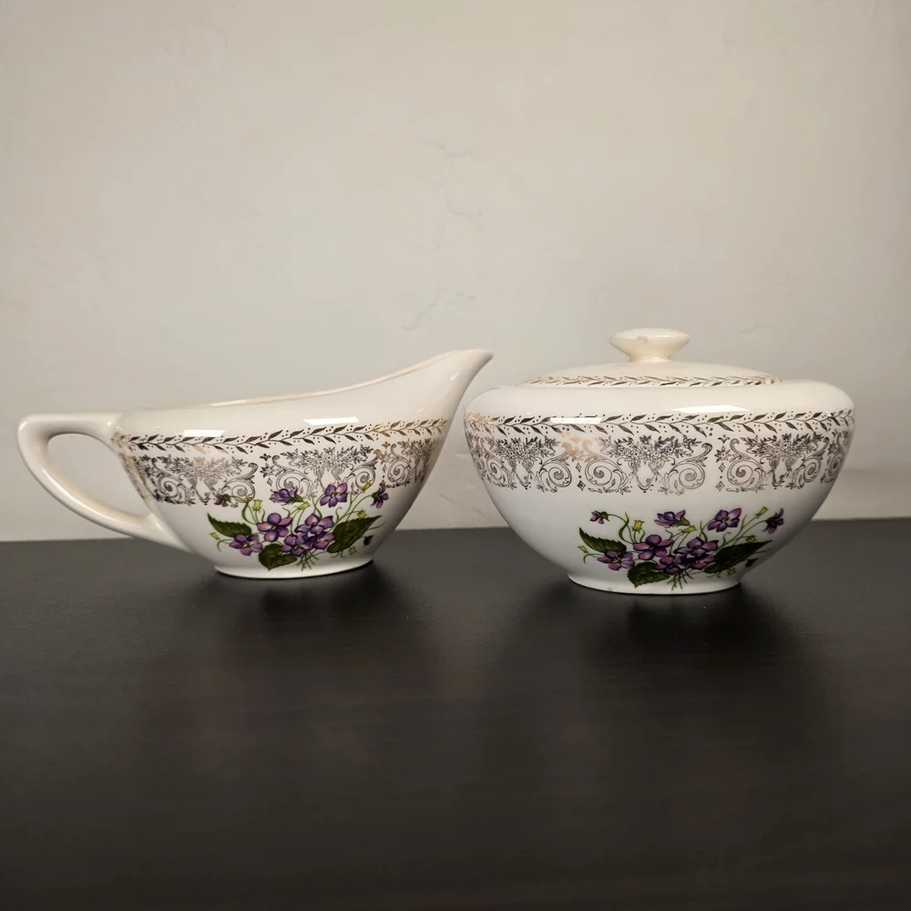 Vintage Spring Violet Cream & Sugar Set Gold Trim Floral